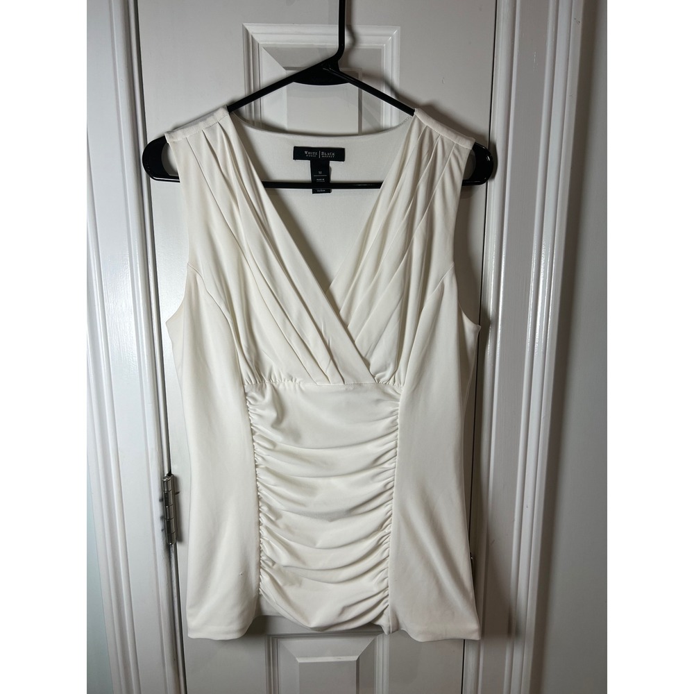 White House Black Market Ecru White Ruched V-Neck Sleeveless Blouse Top Womens M
